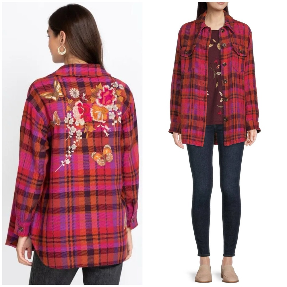 NEW! Johnny Was Azalea Embroidered Plaid Boucle Shirt Jacket